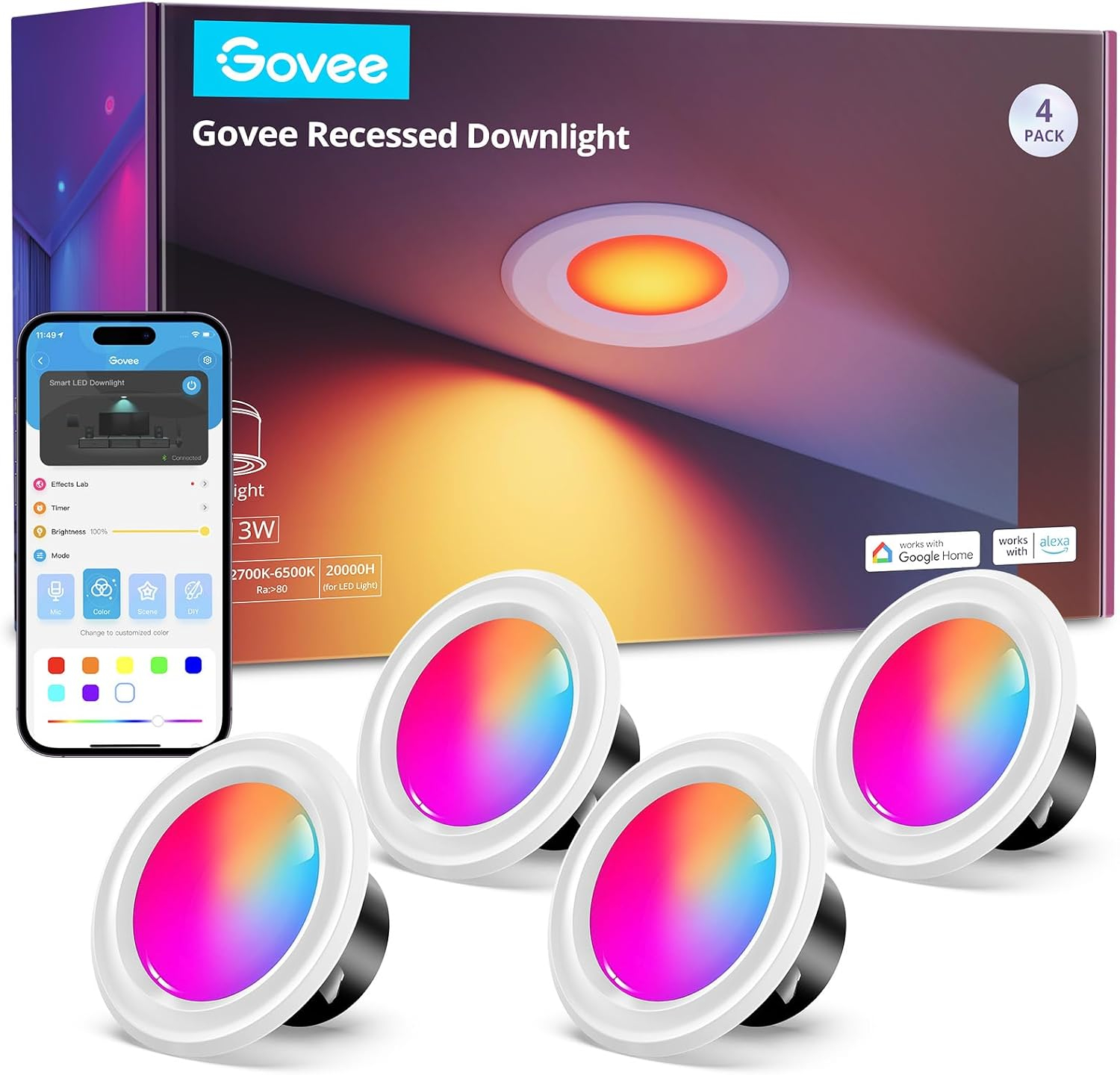 Smart RGBWW LED Recessed Downlight with App Control, 4 Pack