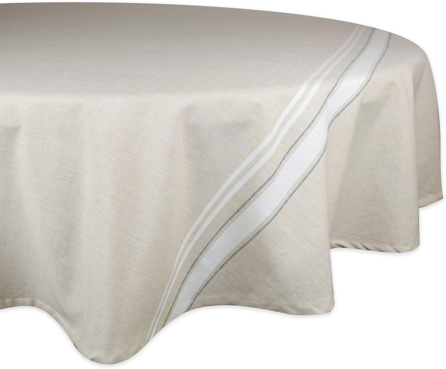 Greige and White Cotton Round Tablecloth, 70 Inches