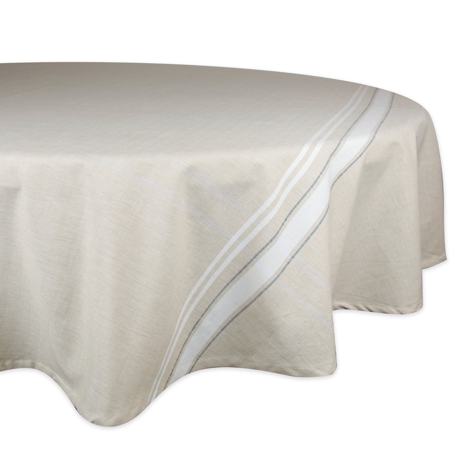 Greige and White Cotton Round Tablecloth, 70 Inches