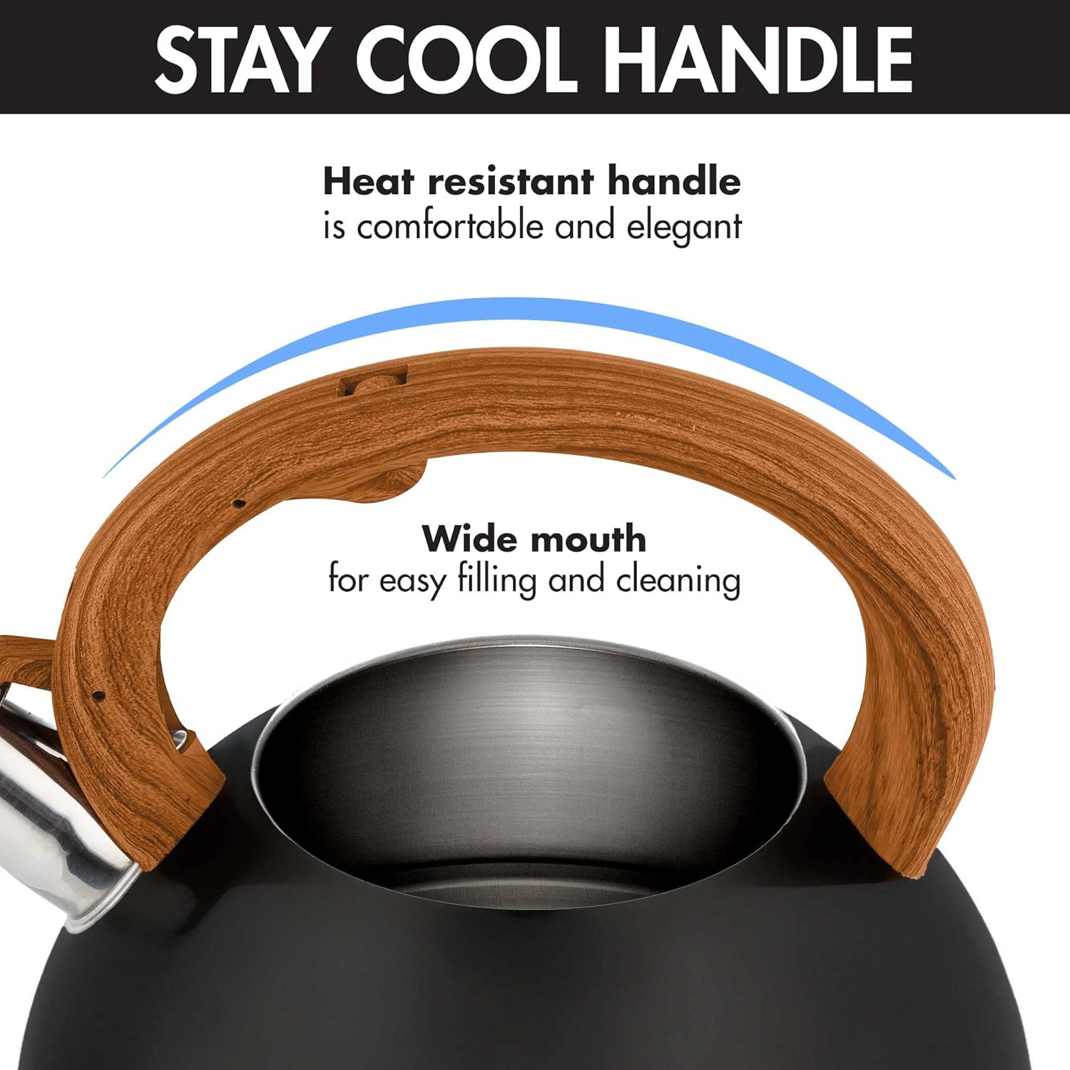 Matte Black and Wood Stainless Steel Whistling Tea Kettle