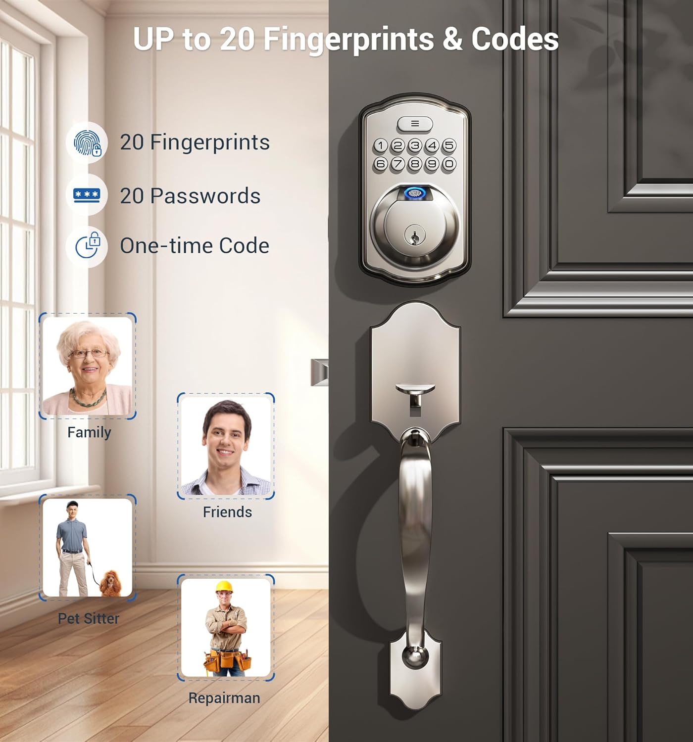 Veise Fingerprint Door Lock Set, Keyless Entry Door Lock, Front Handle Set, Electronic Keypad Deadbolt with Lever Handle, 2 Keys, Auto-Locking, One-time Codes, Easy to Install, Satin Nickel