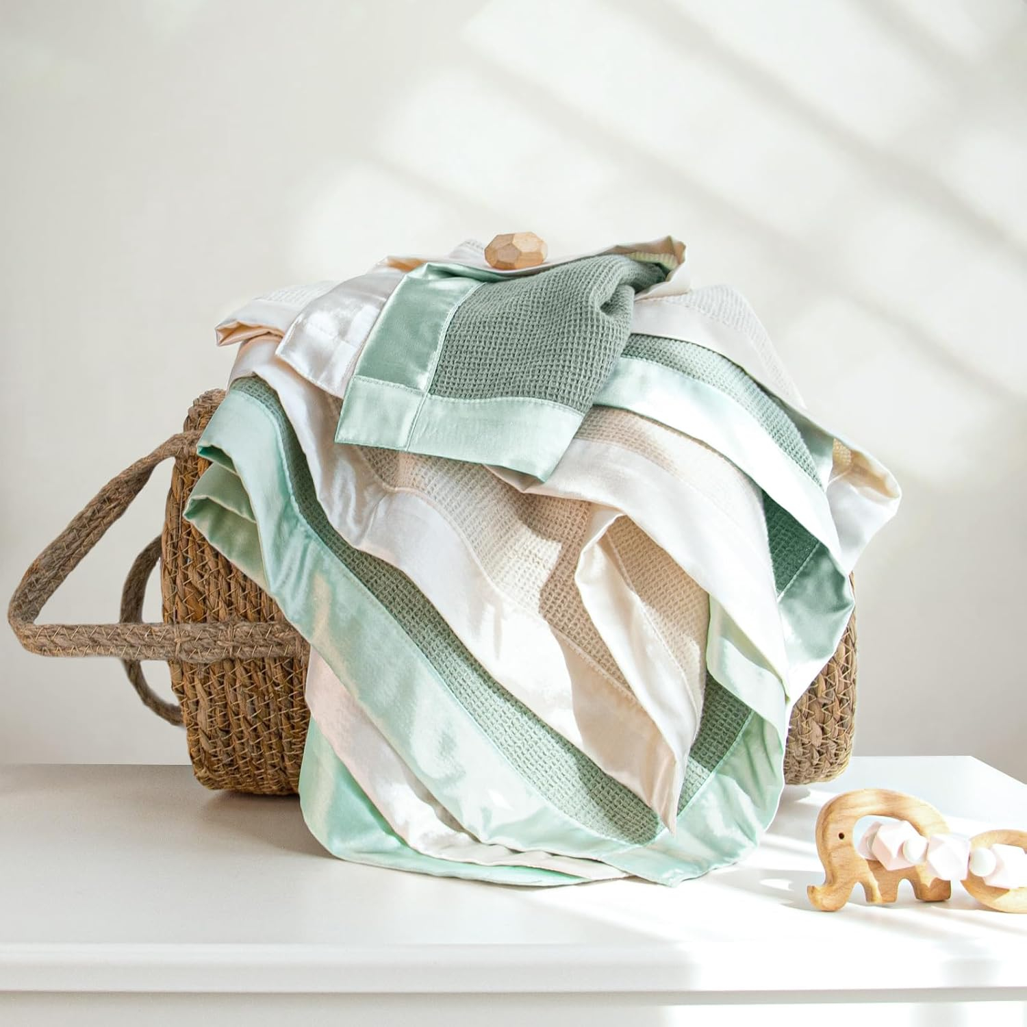 Lulu moon Swaddle Baby Blanket: Waffle Blanket with Satin Trim - Soft Breathable Toddler Blanket Perfect for Nursing Cover and Playtime - Cotton Crib Blanket for Daytime Naps 40"x36"(Sage)