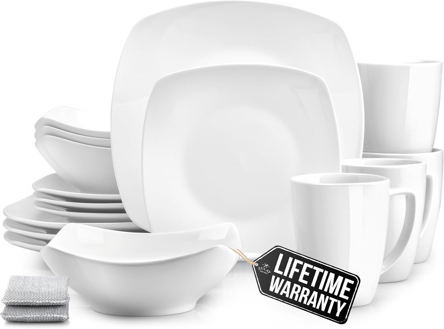 Zulay Kitchen Luna Dinnerware Set, 16 Piece Modern Porcelain Dish Set for 4, Chip and Scratch Resistant Square Plates and Bowls Sets, Microwave and Dishwasher Safe, Pearl White