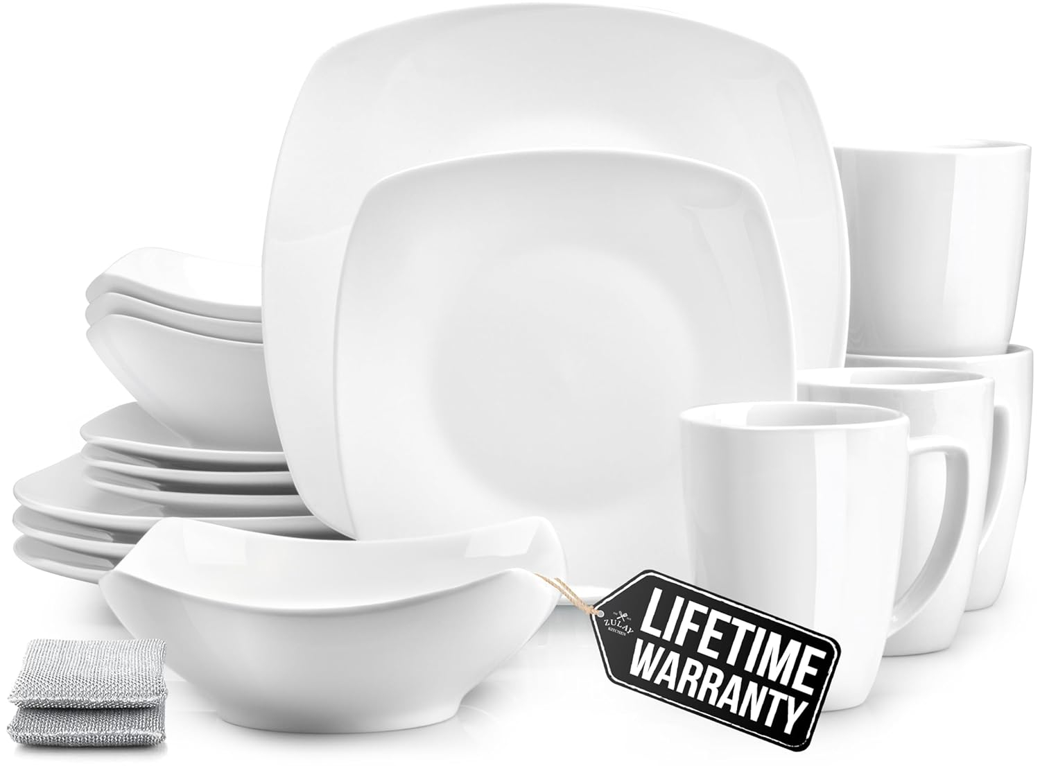 Zulay Kitchen Luna Dinnerware Set, 16 Piece Modern Porcelain Dish Set for 4, Chip and Scratch Resistant Square Plates and Bowls Sets, Microwave and Dishwasher Safe, Pearl White