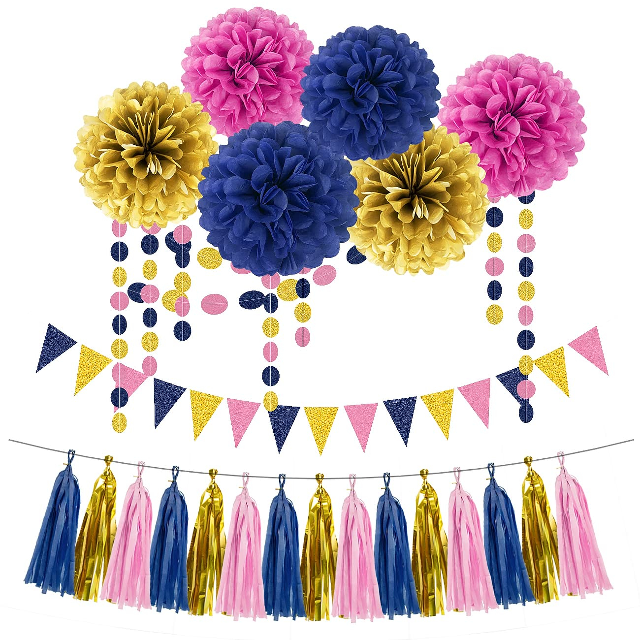 Gold Navy-Blue Pink Party Decorations - 23pcs Tissue Paper Flower Pom Poms Tassel Garland Pennant Banner Flags Streamers Birthday Baby Bridal Shower Engagement Bachelorette Wedding Gender Reveal Decor