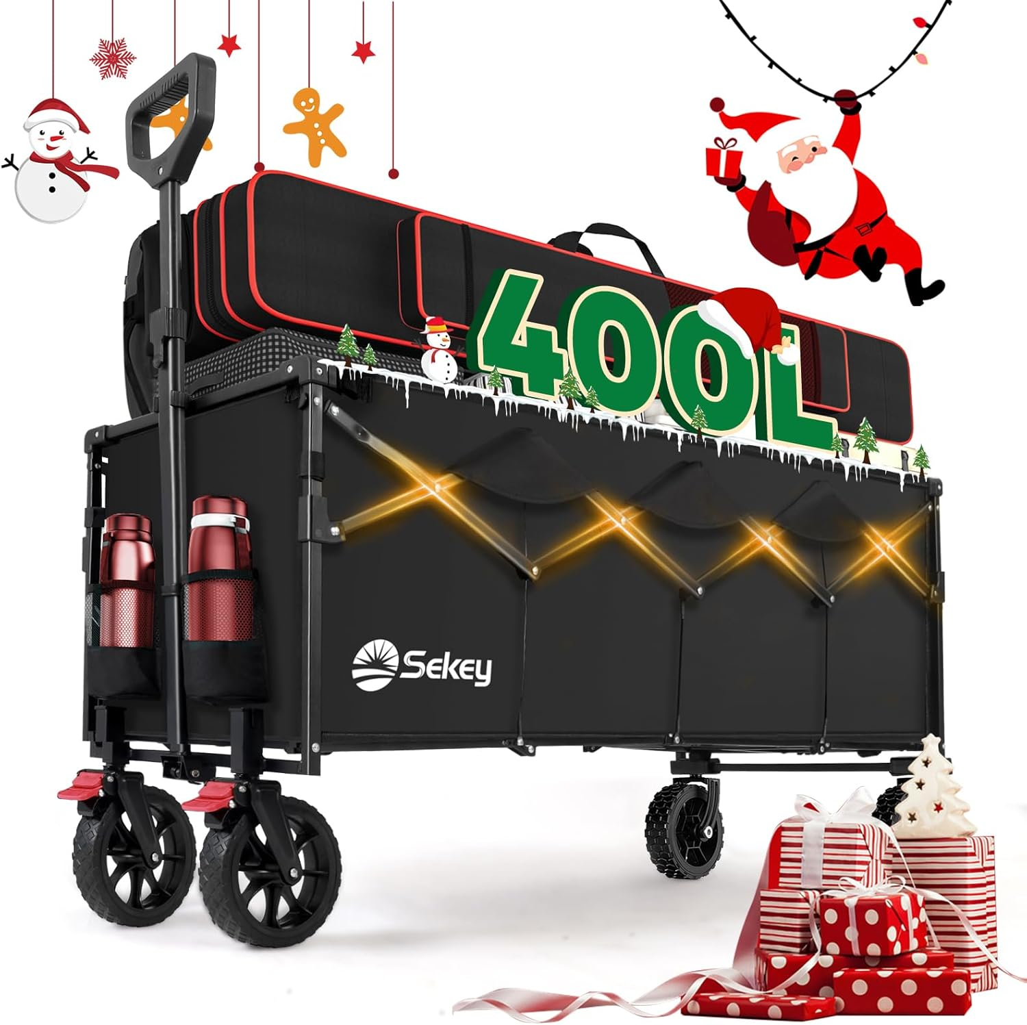 Sekey 43" Extended Collapsible Wagon 400L Large Capacity, 440LBS Heavy Duty Folding Utility Garden Cart with All-Terrain Wheels for Camping, Sports, Shopping.Black