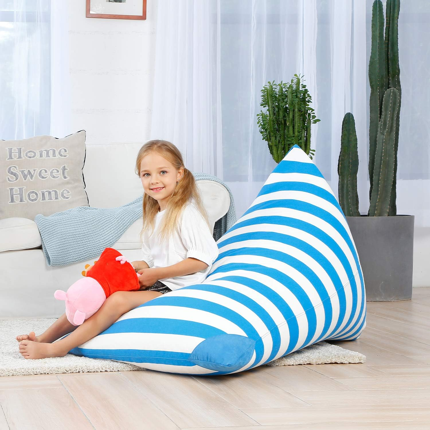 Aubliss Stuffed Animal Storage Bean Bag Chairs Cover, 50"x 35" Extra Large Bean Bags Chair for Kids & Adults, Beanbag Toy Storage for Boys Girls - Premium Cotton Canvas Blue Stripe