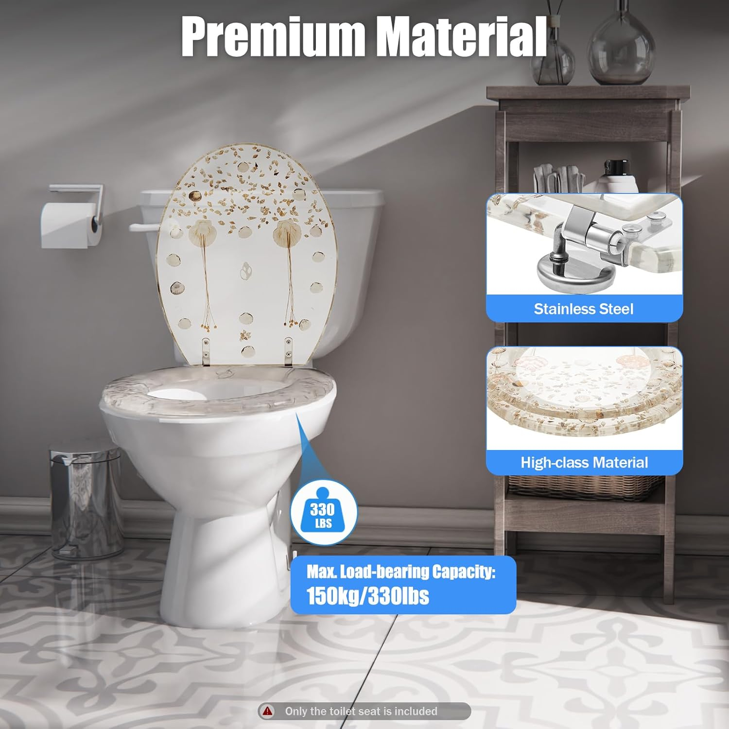 Transparent Resin Shell Polyresin Toilet Seat, Decoration Transparent Safety U/V Shape Seashell Sea Plants Decor Bathroom Toilet Seat with Hinges