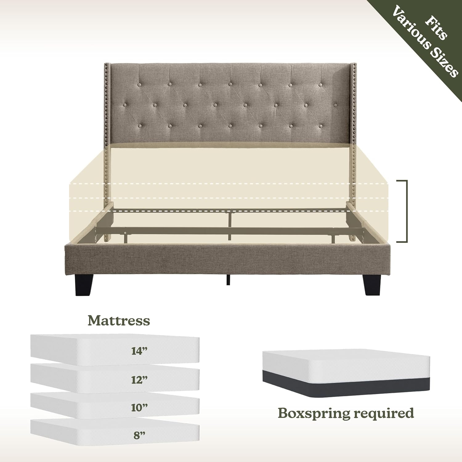 Hearth & Harbor Full Size Bed Frame with Wingback Headboard - Linen Platform, Button-Tufted Upholstered, Modern Double Bedframe, Box Spring Required, Beige
