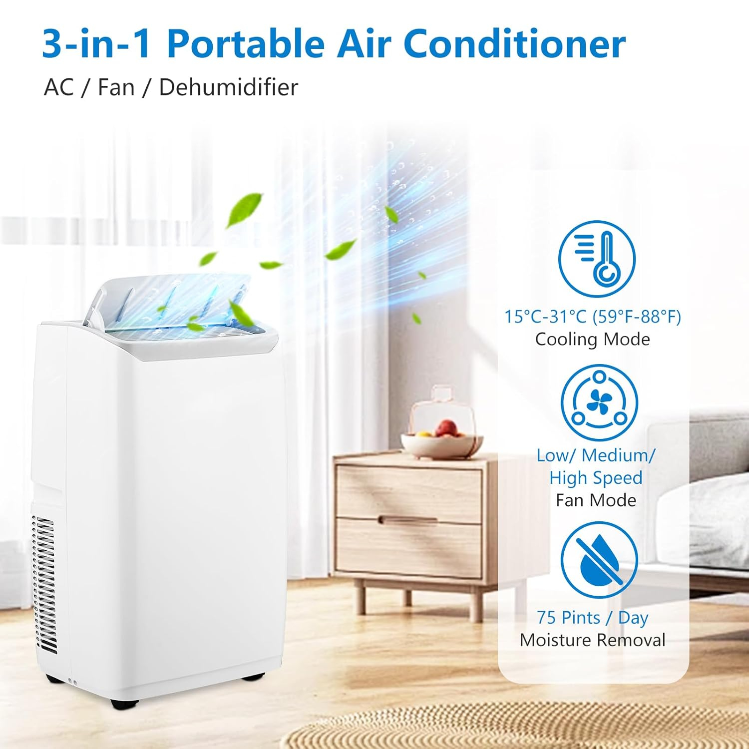 White 14000 BTU Portable Air Conditioner with Remote and Sleep Mode
