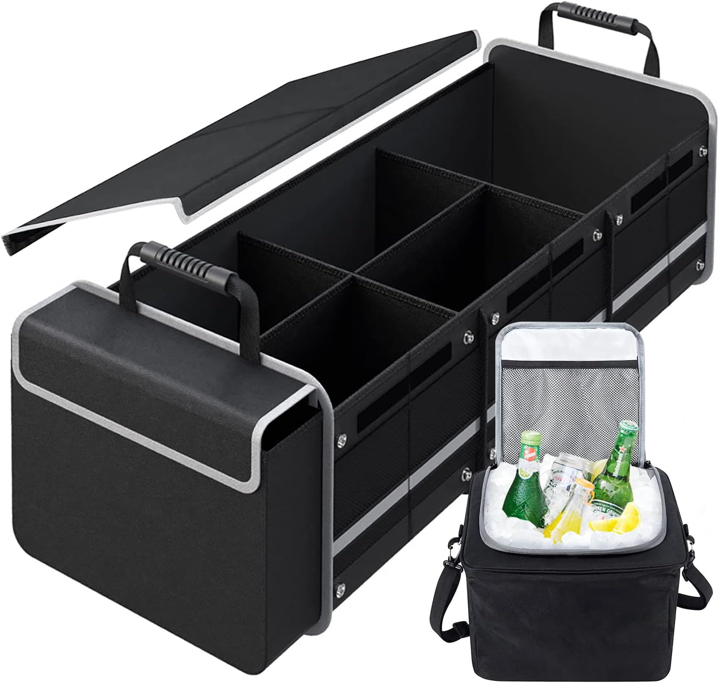 Car Trunk Organizer,115L Heavy Duty Collapsible Trunk Storage, with Insulated Leakproof Cooler Bag Vehicle Cargo Organizer with Lid, 3 Compartments, Straps For Car,Suv,Jeep,Sedan-Black
