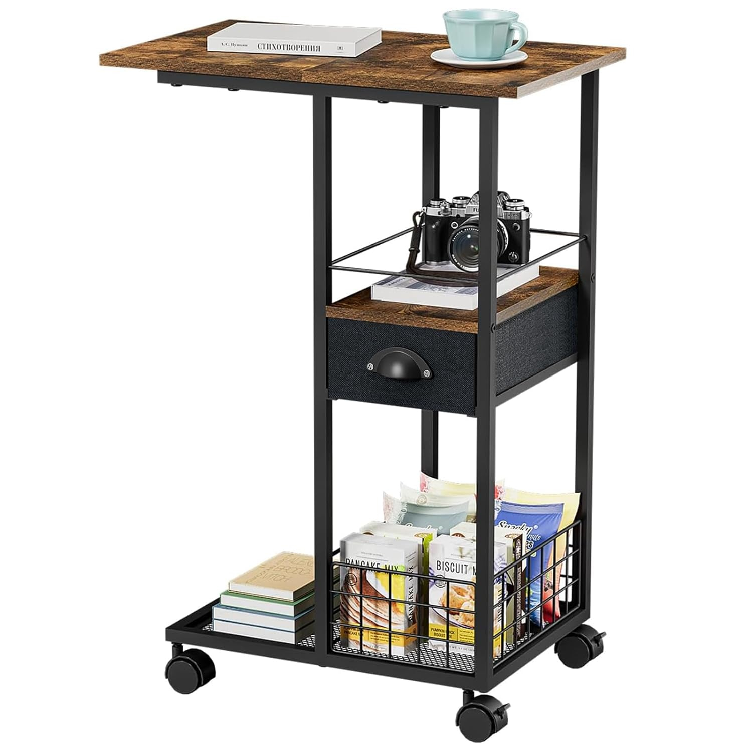 C Shaped Sofa Side Table: Couch End Table with Drawer - Bedside Table with Wheels - 19.7''L x 11.8''W x 28''H - C Mobile Tables with Storage Basket for Living Room Bedroom