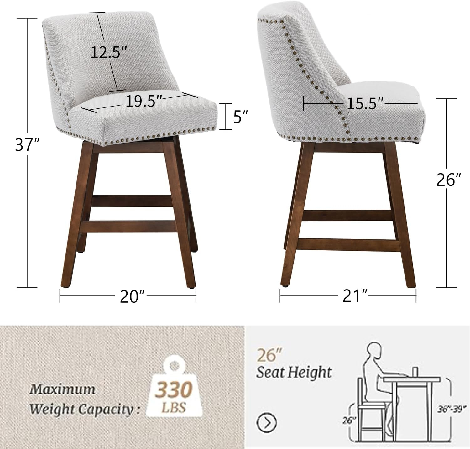 26" Swivel Bar Stools Set of 2, Modern Linen Fabric Counter Stools with Backs and Nail Head Design, Upholstered Barstools with Wood Frame for Kitchen Island, Beige