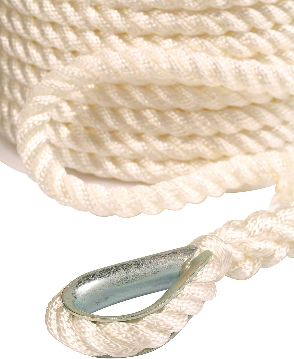 Attwood 117341 Premium 3-Strand Twisted Nylon Anchor Line with Thimble 3/8-Inch x 100-Feet, White