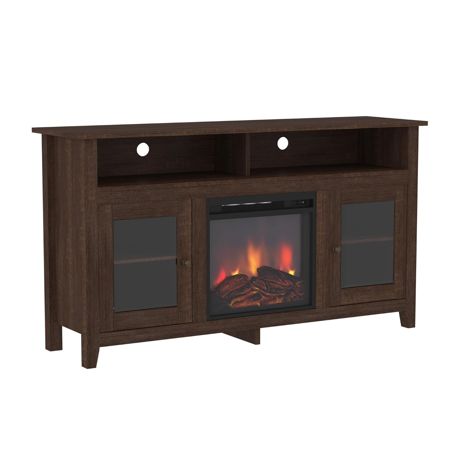 Espresso 58" Highboy Media Stand with Electric Fireplace and Cabinet