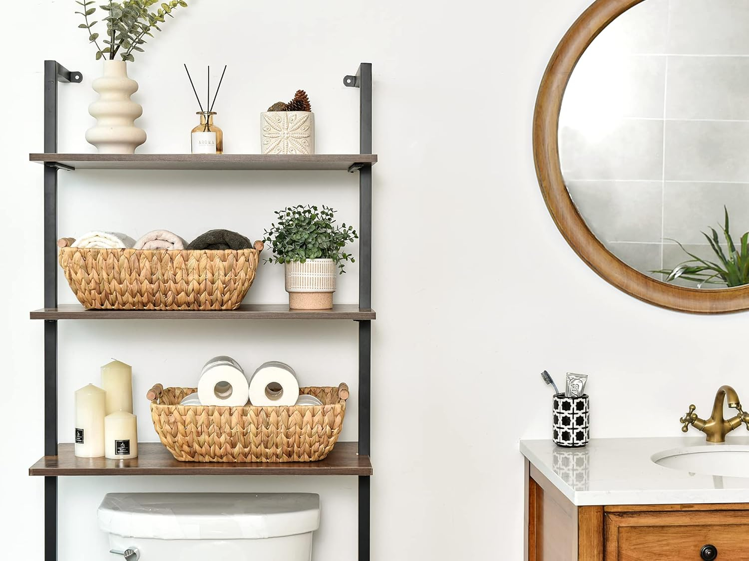 StorageWorks Hand-Woven Jumbo Storage Baskets with Wooden Handles, Water Hyacinth Wicker Baskets for Organizing, 2 Pack