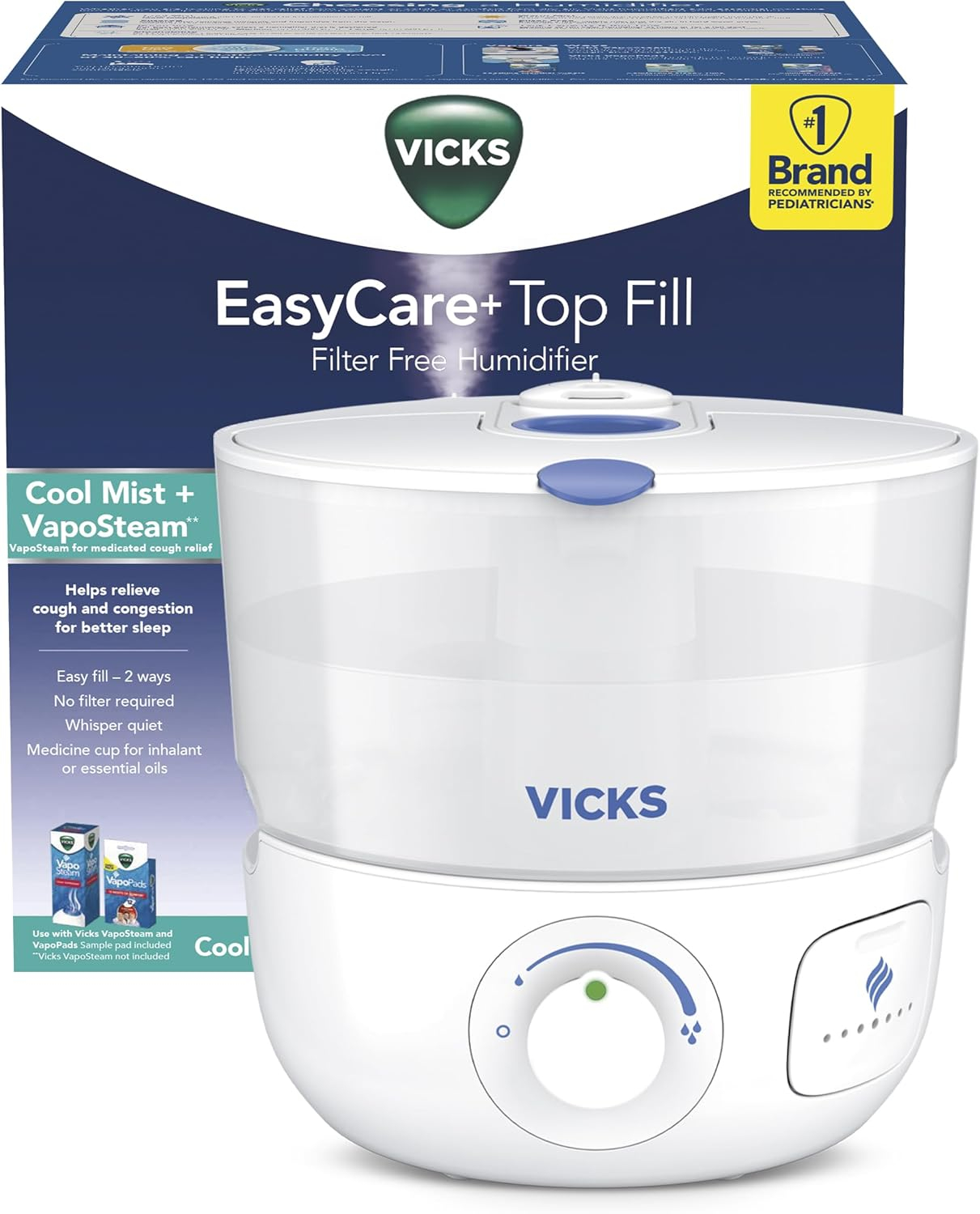 Vicks EasyCare + Top Fill Ultrasonic Cool Mist Humidifier, 400 sq ft, White, VUL585