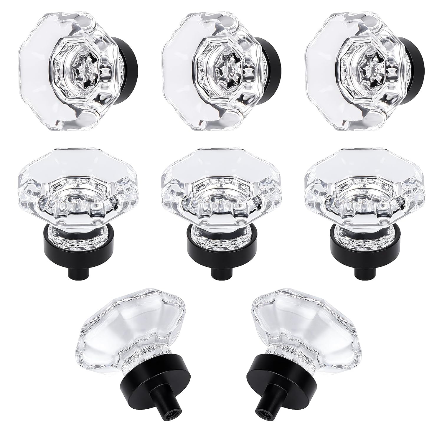 8 Pcs Crystal Cabinet Knobs, Glass Cabinet Knobs for Dresser Drawers, Kitchen Drawer Pulls Black Matte, Octagon