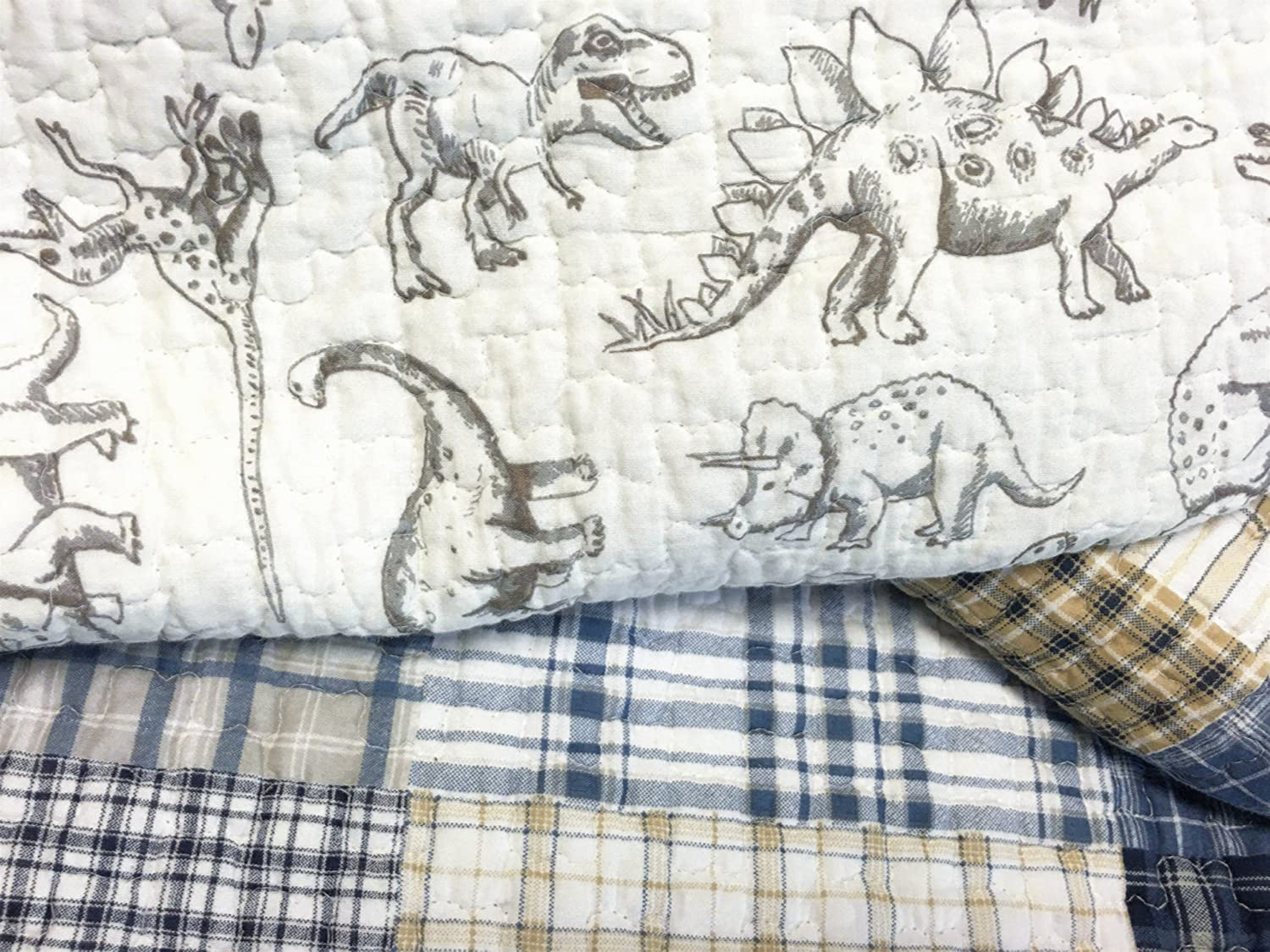 Cozy Line Benjamin Cute Dinosaur Navy Blue White Grey Plaid cotton Quilt, Twin - Reversible