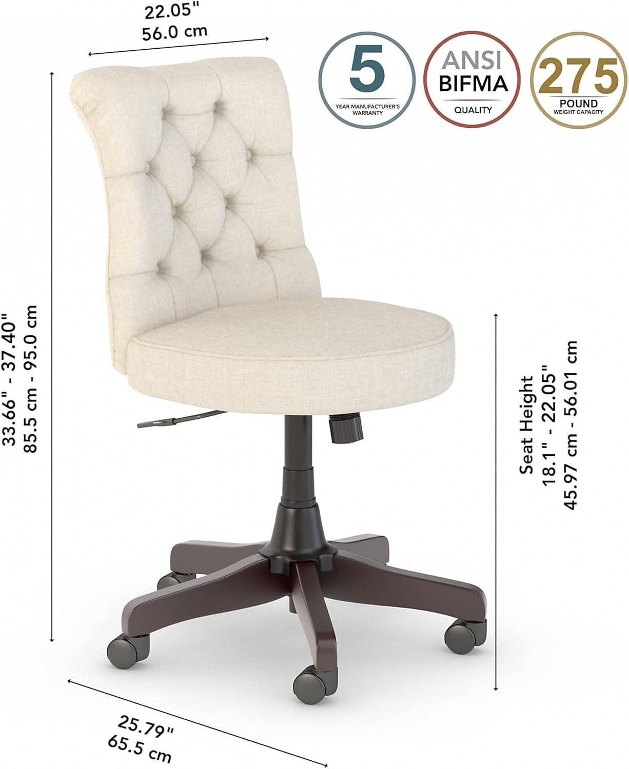 Bush Furniture Key West Mid Back Tufted Office Chair in Cream Fabric