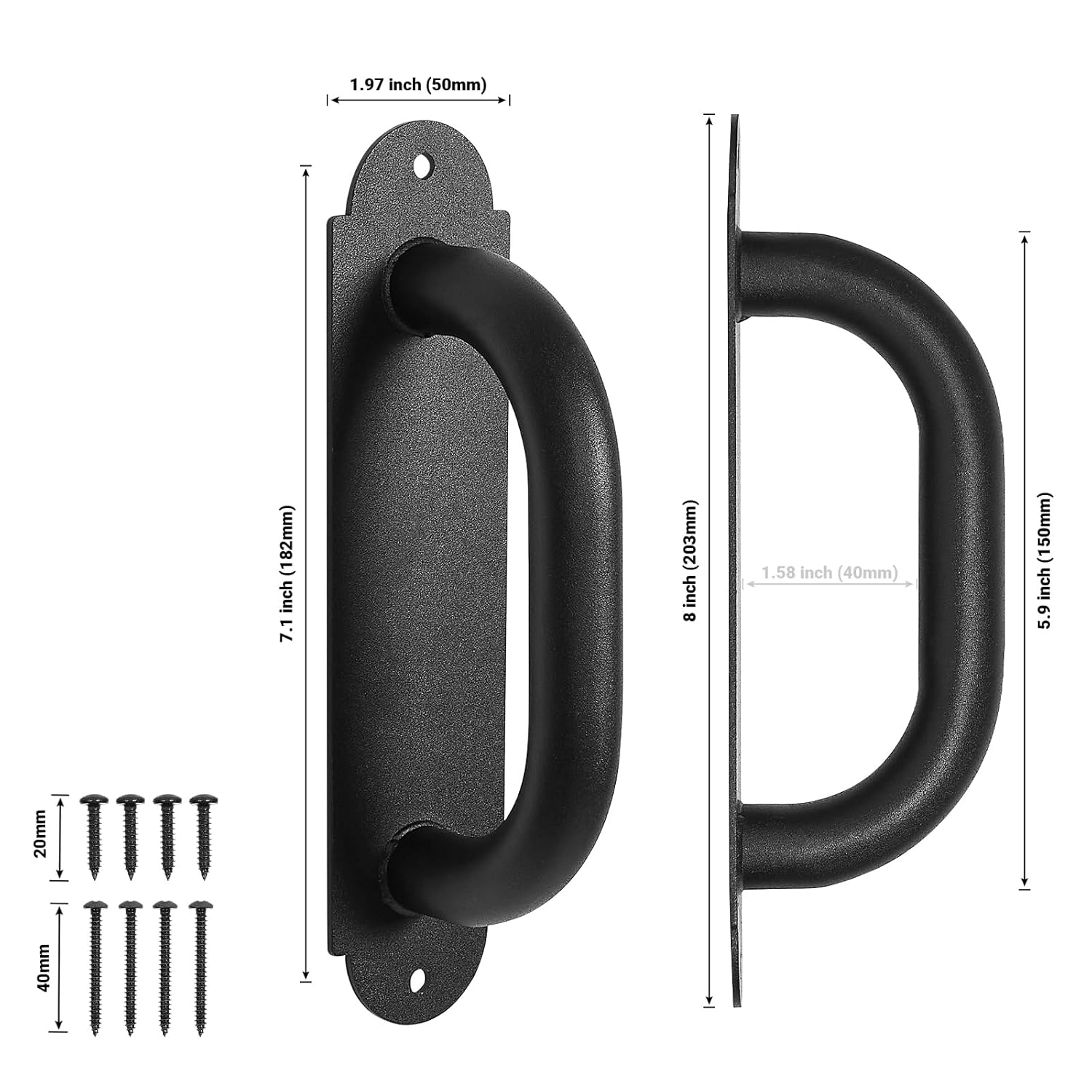 8'' Black Heavy Duty Barn Door Pull Handles 2 Pack, Outdoor Metal Power Coated Modern Gate Hanlde for Fence Garden Patio Gates, Interior Closet Cabinets Door Pulls