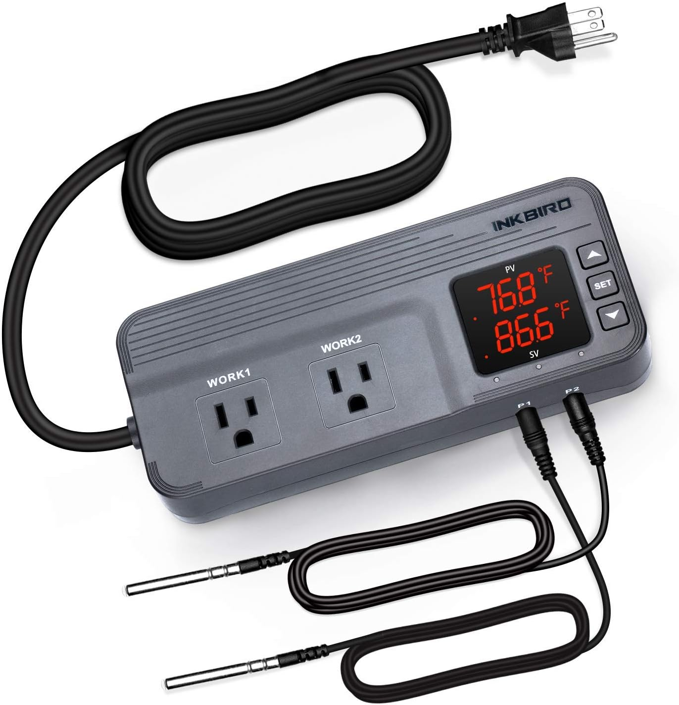 Inkbird ITC-608T Temperature Controller with Dual Temperature Sensor AC Dual Stage Outlet Thermostat with 12 Period Time Stage 1800W ETL Listed