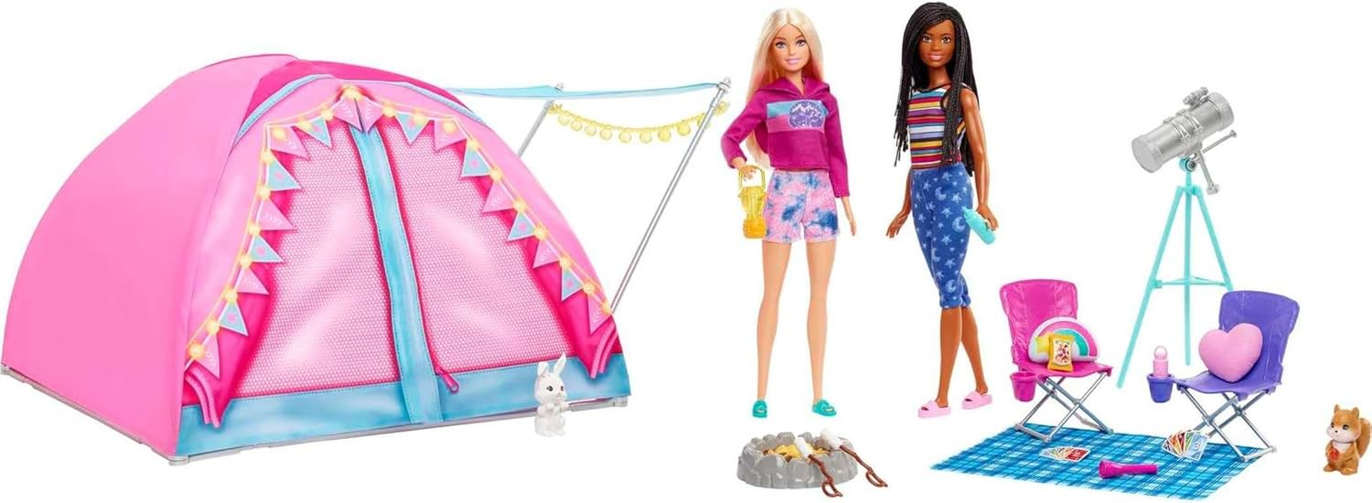 Barbie It Takes Two Let's Go Camping Tent Playset with Brooklyn & Malibu Dolls & 20 Accessories