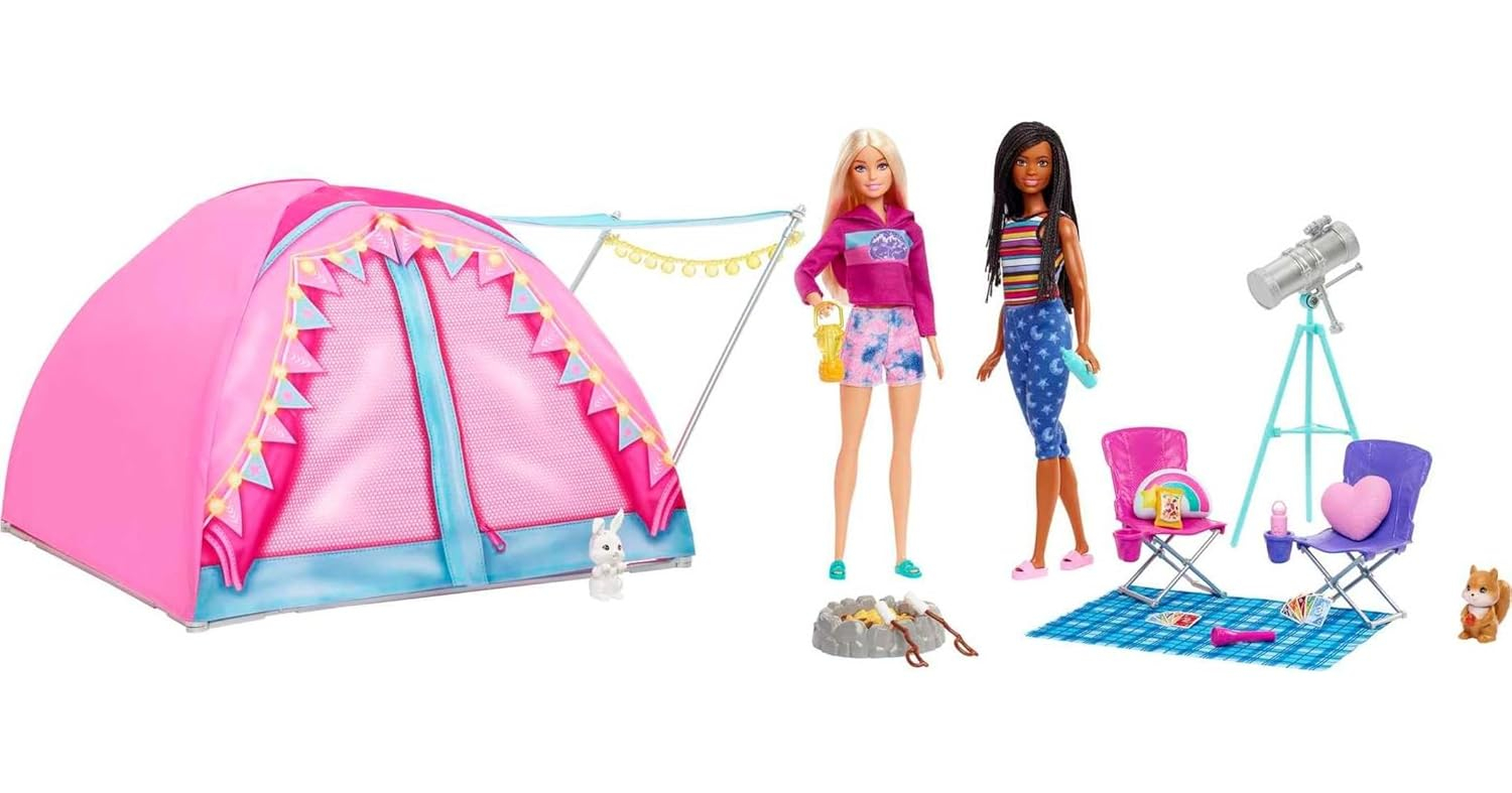 Barbie It Takes Two Let's Go Camping Tent Playset with Brooklyn & Malibu Dolls & 20 Accessories