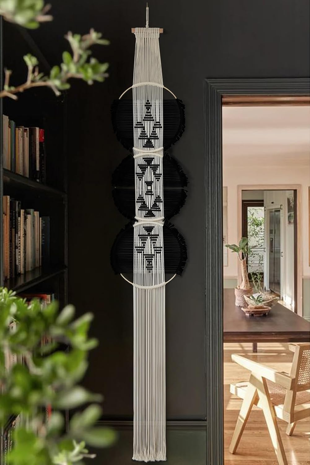 Flber Macrame Wall Hanging black and white Boho Wall Decor Art Living room wall art Round Handmade Geometric Lines Home Décor