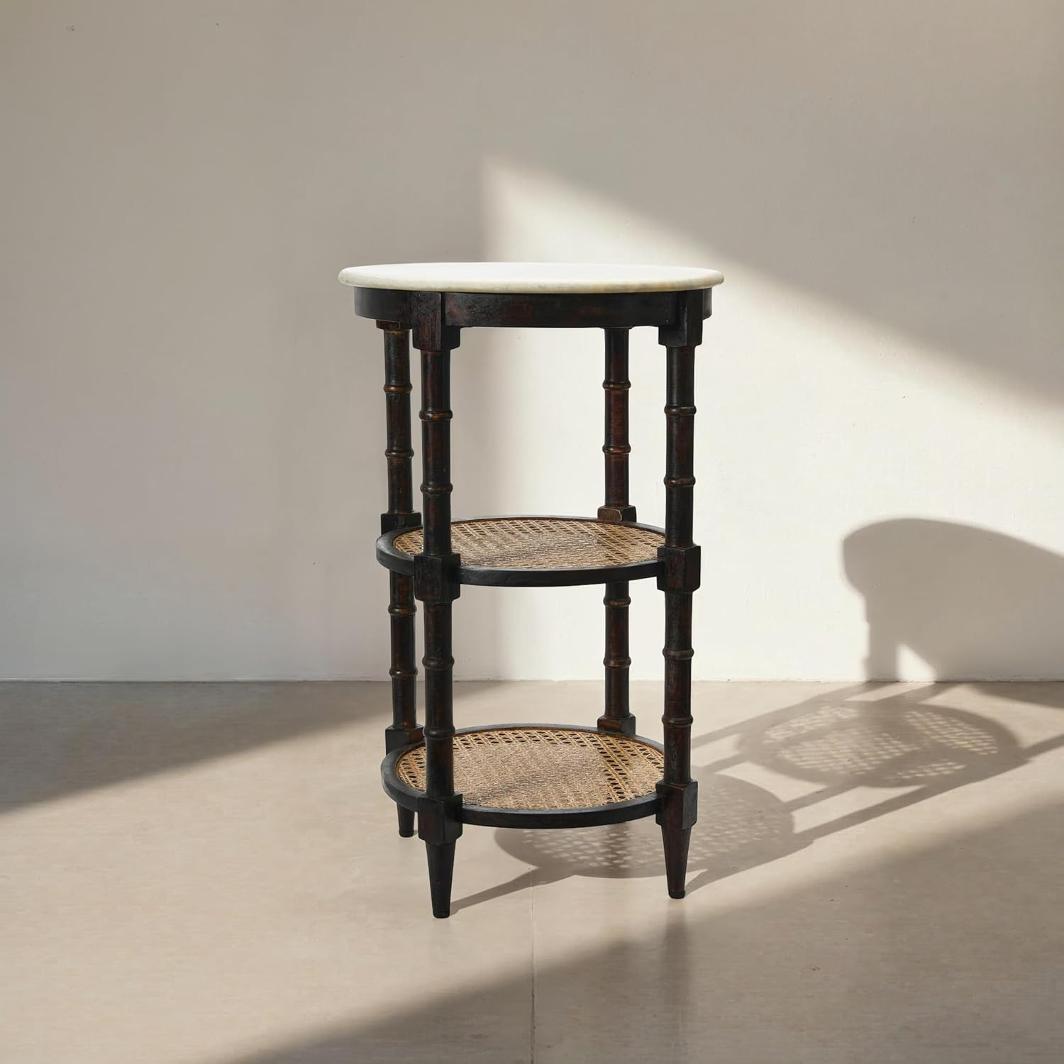 Creative Co-Op Round Solid Wood End Table with Genuine Marble Top and 2 Woven Cane Storage Shelves, Brown Stain and Natural