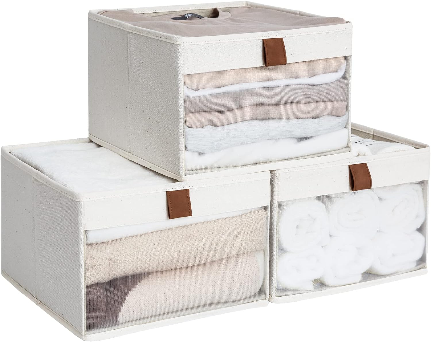 Closet Storage Bins with Clear Window and 2 Handles, Foldable Clothing Bins for Shelves, Large Fabric Organizer, Beige, 3 Pack