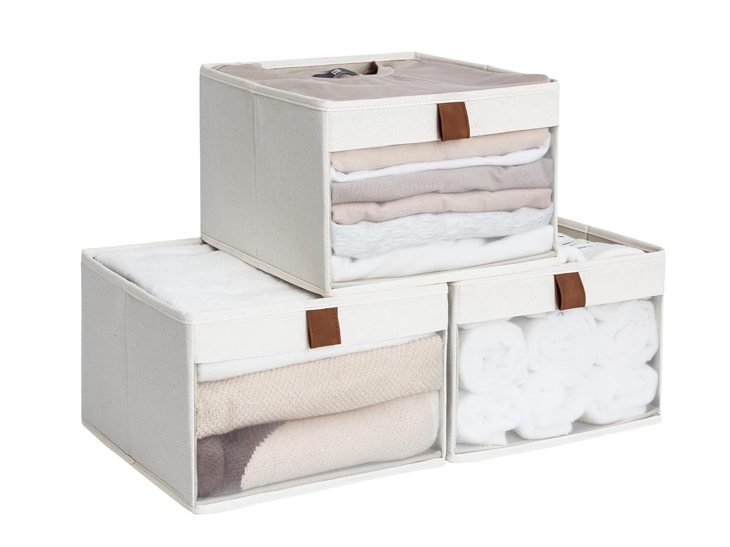 Closet Storage Bins with Clear Window and 2 Handles, Foldable Clothing Bins for Shelves, Large Fabric Organizer, Beige, 3 Pack