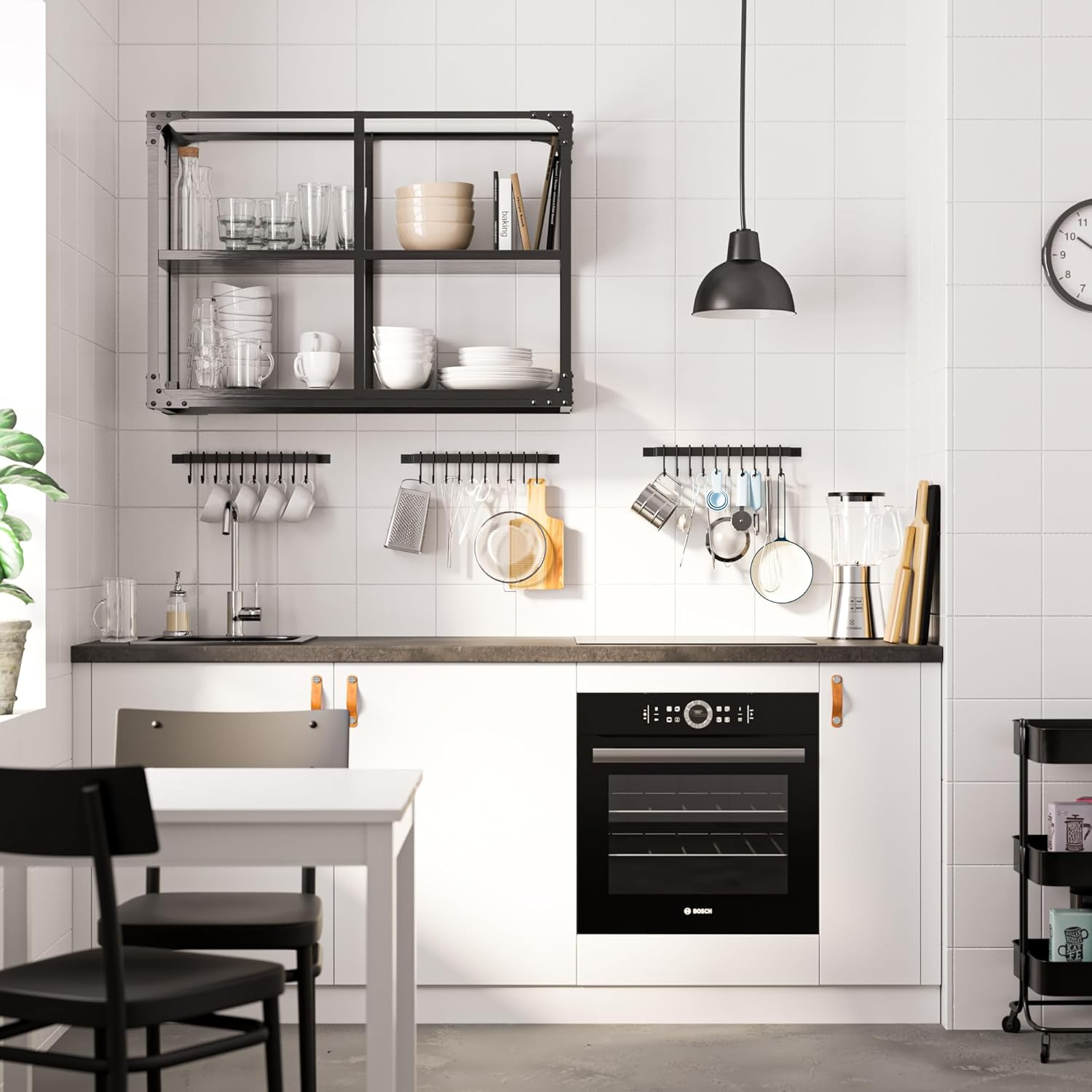 Wallniture Gourmet Kitchen Rail with 10 Hooks, Wall Mounted Wrought Iron Hanging Utensil Holder Rack with Black 17 Inch