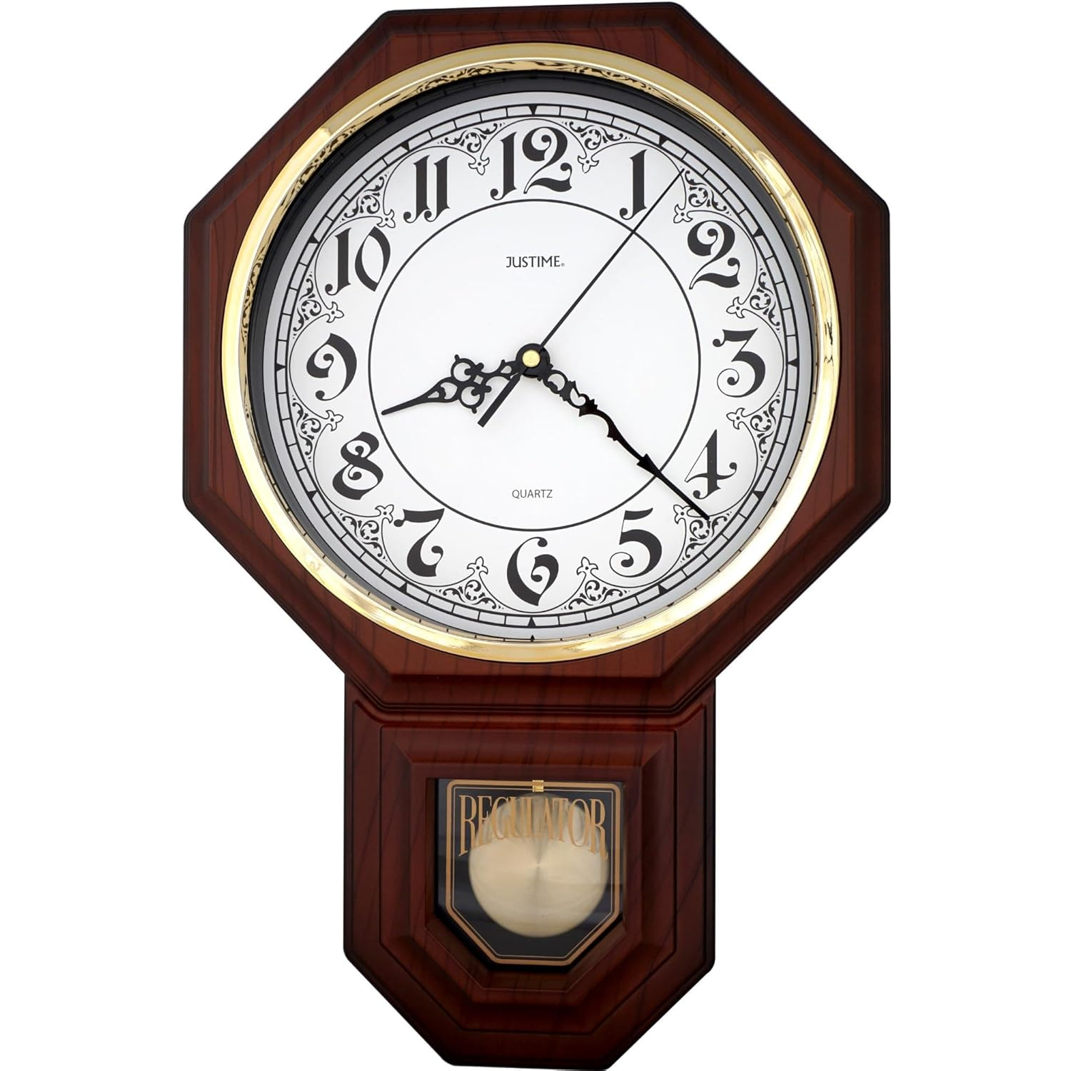 JUSTIME Traditional Schoolhouse Classic Vintage Arabic Regulator Wall Clock, Chiming Wall Clocks with Pendulum & Westminster Chime Hourly, Schoolhouse Wall Decor Battery Operated (Dark Wood Grain)