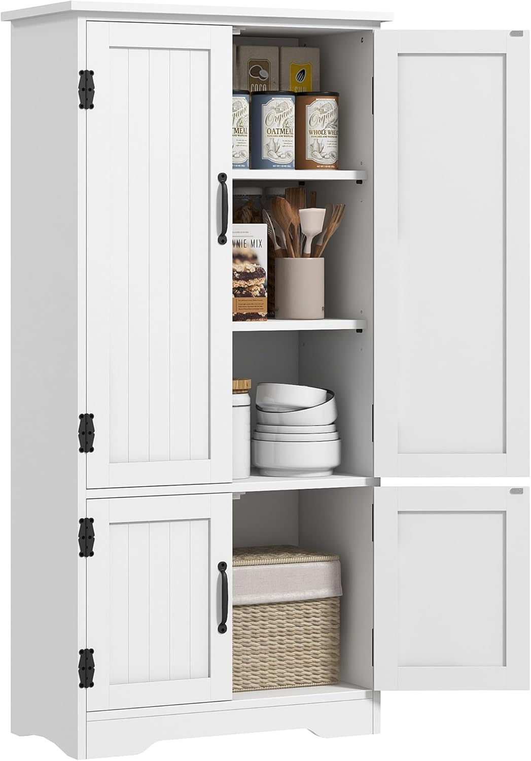HOMCOM 48.5" Farmhouse Kitchen Pantry, Floor Storage Cabinet, Cupboard Organizer with Adjustable Shelves and 4-Doors for Dining Room, White