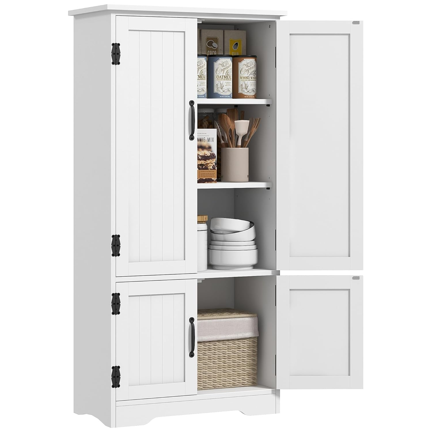 HOMCOM 48.5" Farmhouse Kitchen Pantry, Floor Storage Cabinet, Cupboard Organizer with Adjustable Shelves and 4-Doors for Dining Room, White