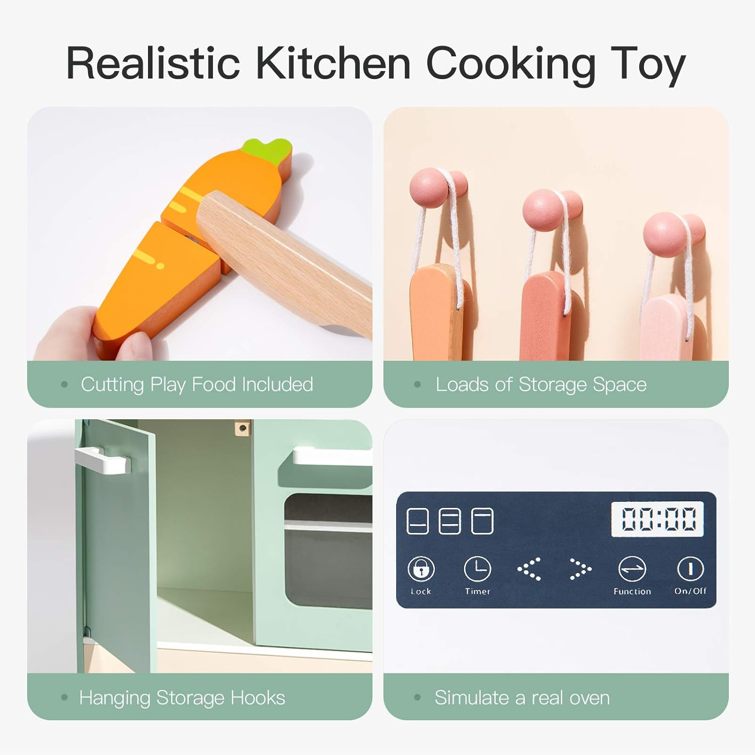 Robud Pretend Play Kitchen Set for Kids,Wooden Kitchen Playset Gift for Toddlers 3+,Green