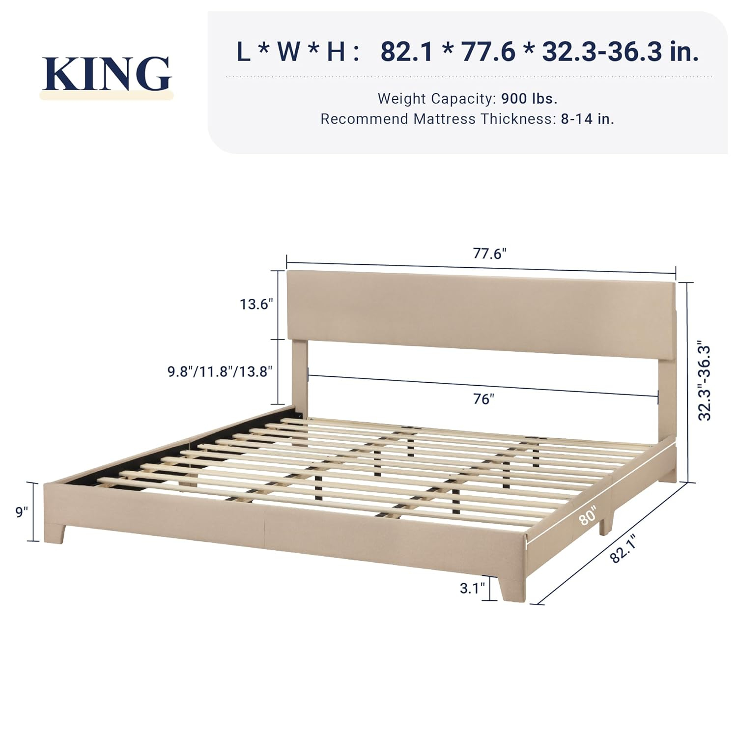 Allewie King Size Bed Frame with Adjustable Headboard, Upholstered Platform Bed with Wood Slats, Heavy Duty Mattress Foundation, No Box Spring Needed, Noise-Free, Easy Assembly, Beige