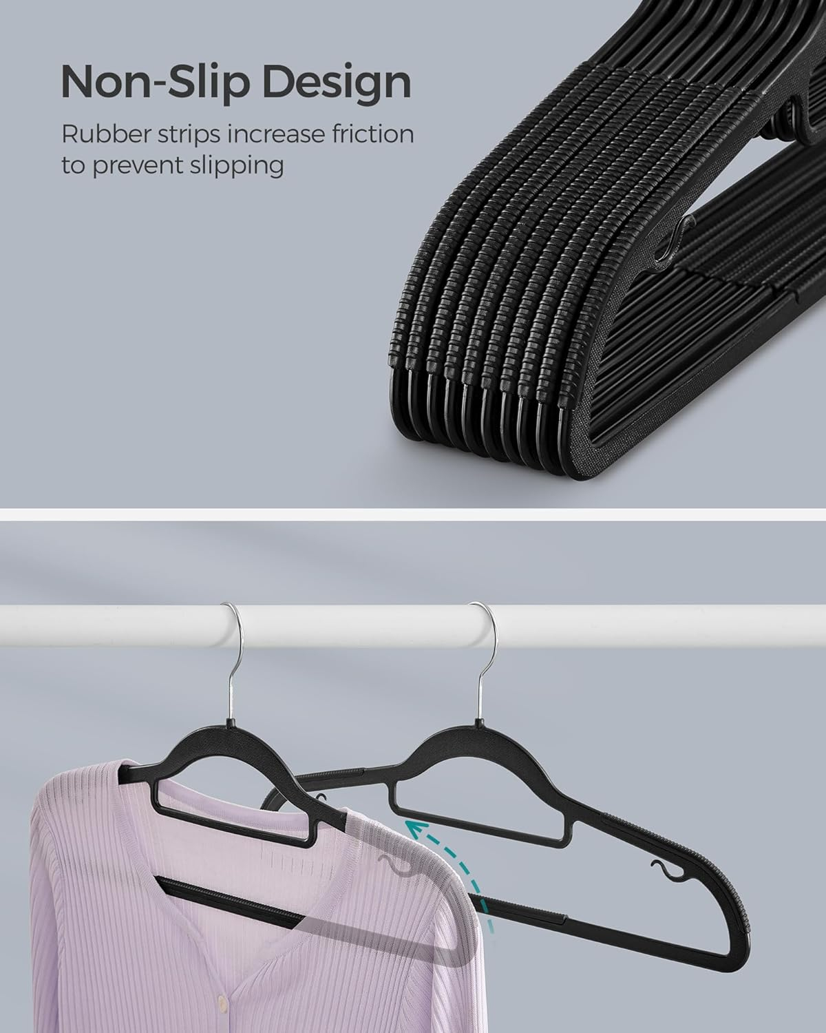 SONGMICS Pack of 30 Coat Hangers, Heavy-Duty Plastic Hangers, Non-Slip, Space-Saving Clothes Hangers, 0.2 Inches Slim, 16.5 Inches Wide, 360° Swivel Silver Hook, Black UCRP20BK30