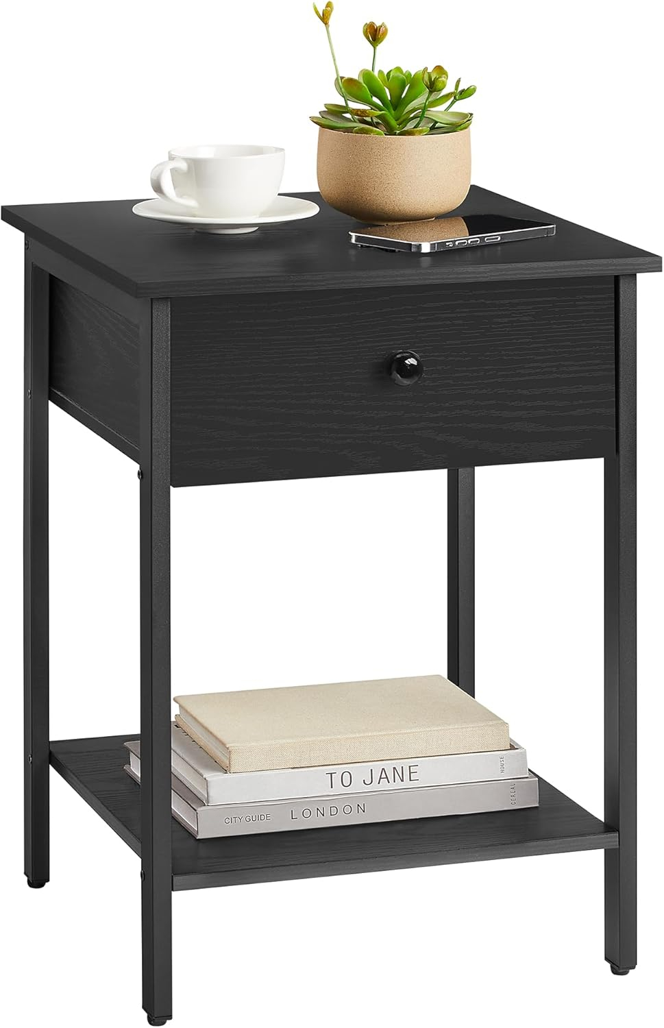 VASAGLE Nightstand, End Table, Side Table with Drawer and Shelf, 15.7 x 15.7 x 21.7 Inches, Bedroom, Steel Frame, Easy Assembly, Modern, Ebony Black ULET055B56