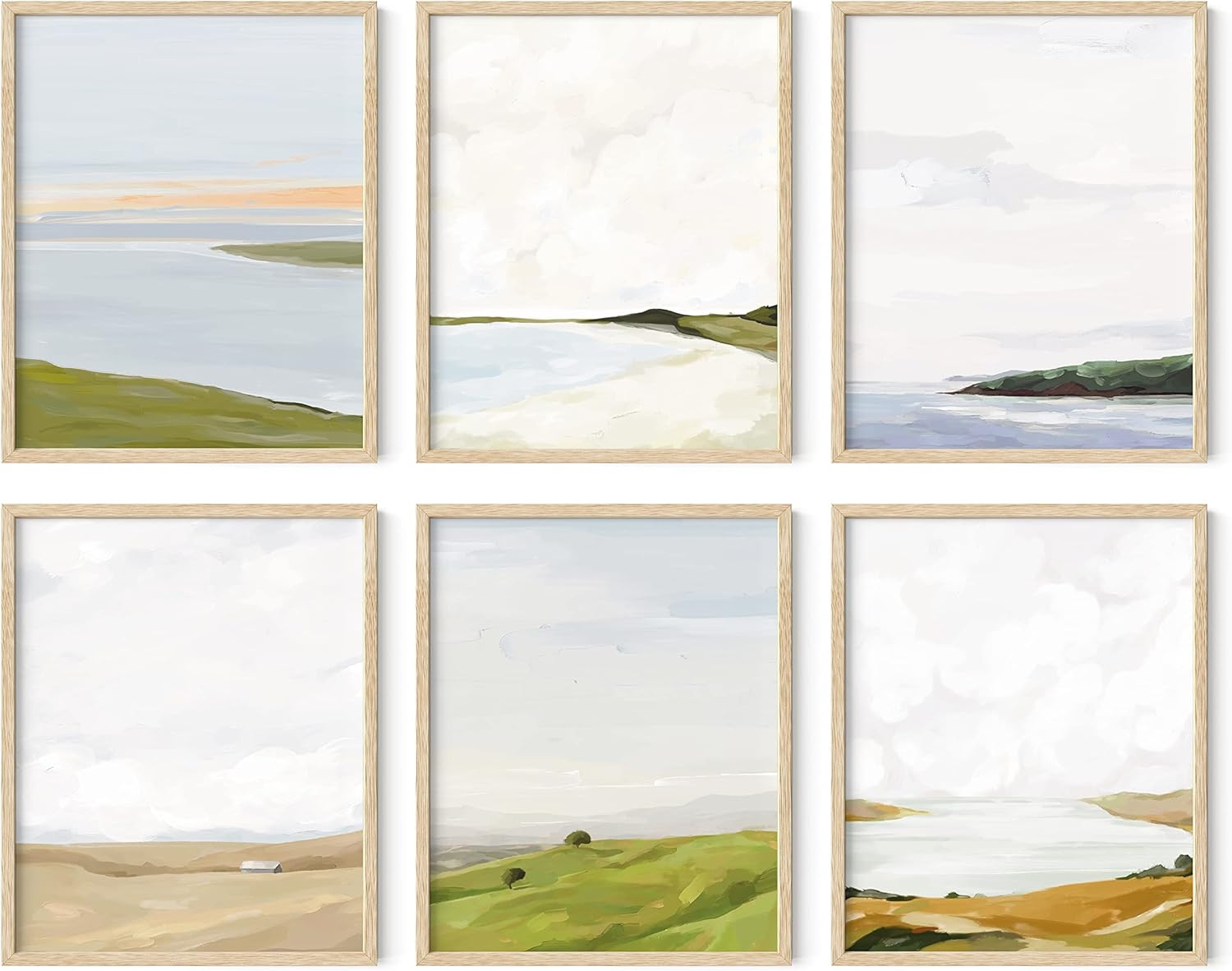 Unframed Scenic Landscape Oil Painting Set in Green and Beige