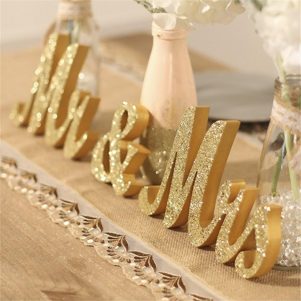 Mr and Mrs Signs Wedding Table Decorations, Wooden Freestanding Letters for Photo Props, Rustic Decoration, Anniversary Shower Gift (Golden)