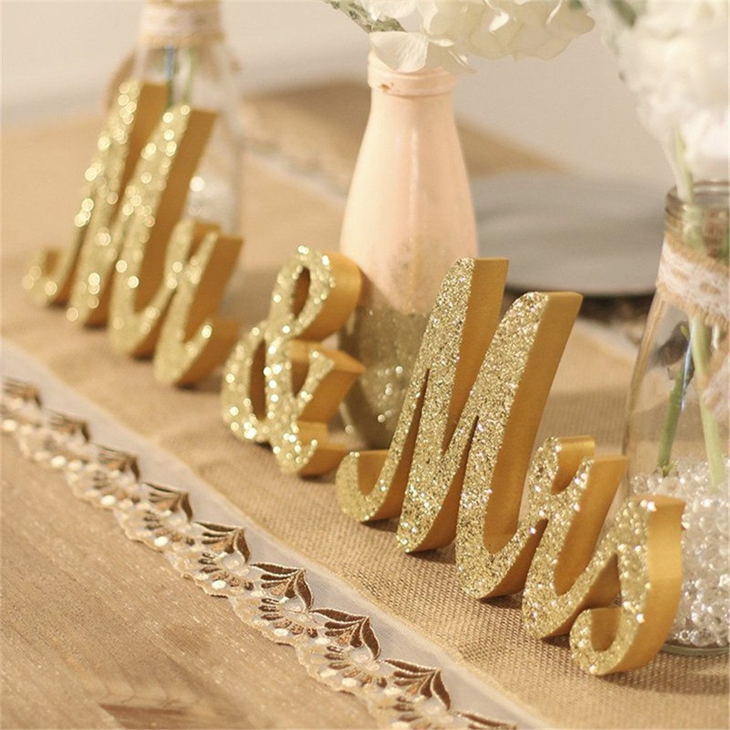 Mr and Mrs Signs Wedding Table Decorations, Wooden Freestanding Letters for Photo Props, Rustic Decoration, Anniversary Shower Gift (Golden)