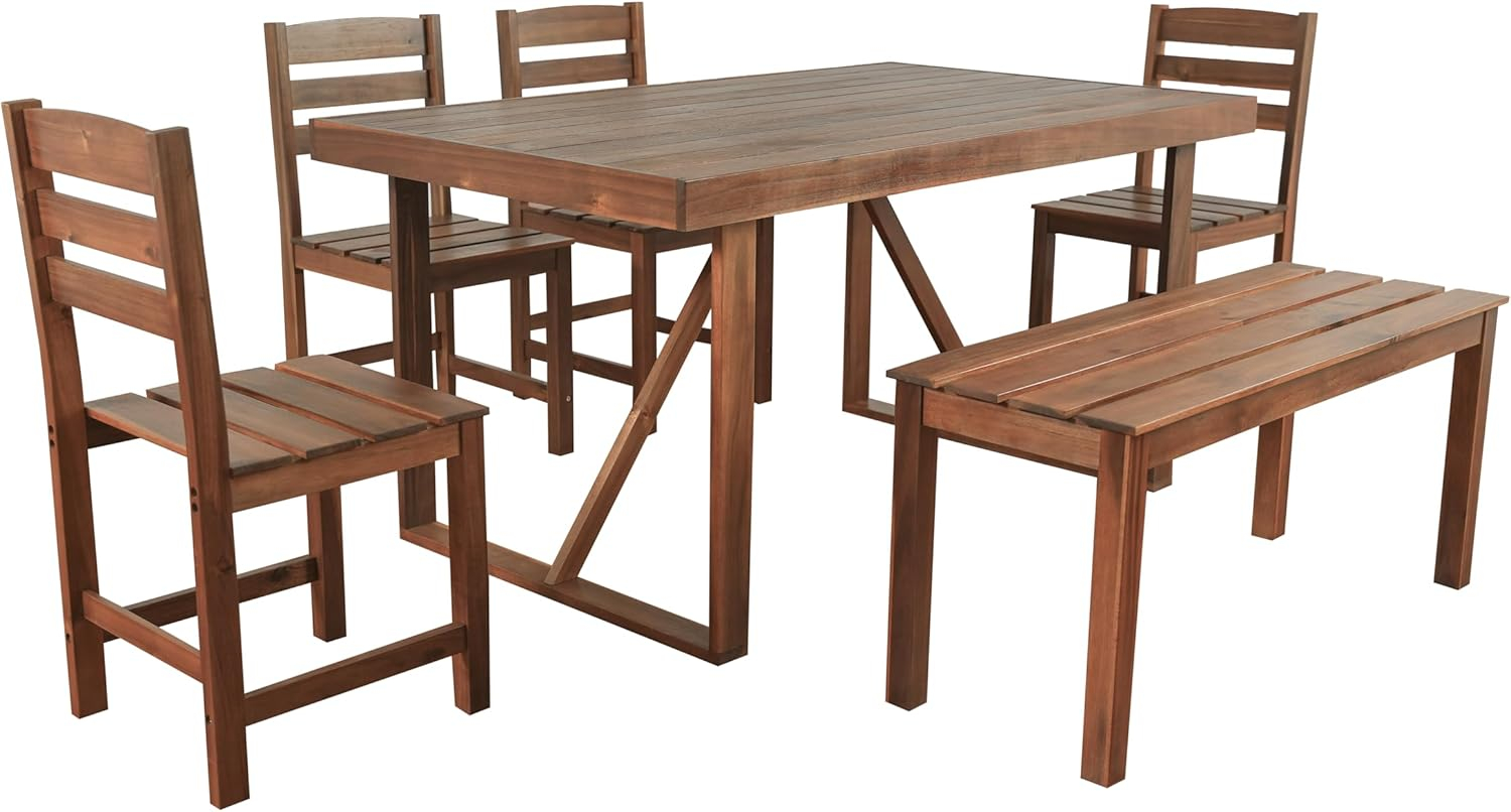 Churanty Patio Outdoor Acacia Wood Dining Set for 6,6 Pieces All Weather Farmhouse Dining Furniture Table Set with Bench and 4 Chair for Outdoor Garden Porch,Brown