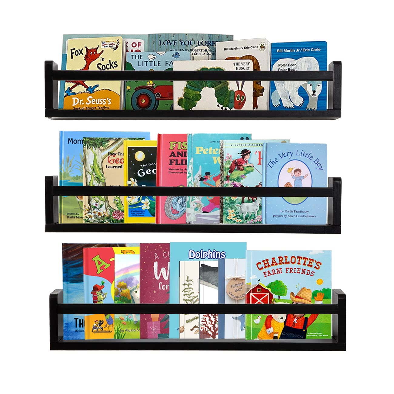 AZSKY Classic Nursery Book Shelves Black Wooden Floating Shelves Wall Bookshelf for Bathroom Decor Kitchen Spice Rack Organizer Kids Room 24 Inch Set of 3