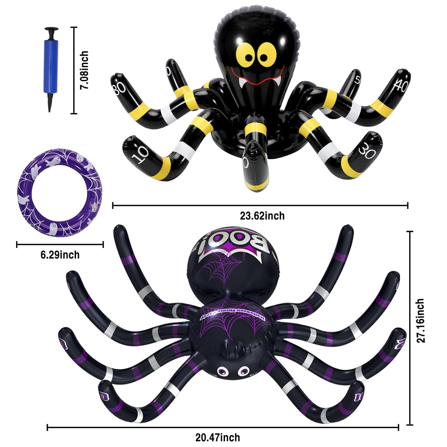 Max Fun Halloween Ring Toss Games for Kids, 2 Pack Inflatable Spiders Set Halloween Party Favor Supplies Holiday Carnival School Decoration Outdoor Indoor Spooky Creepy Game