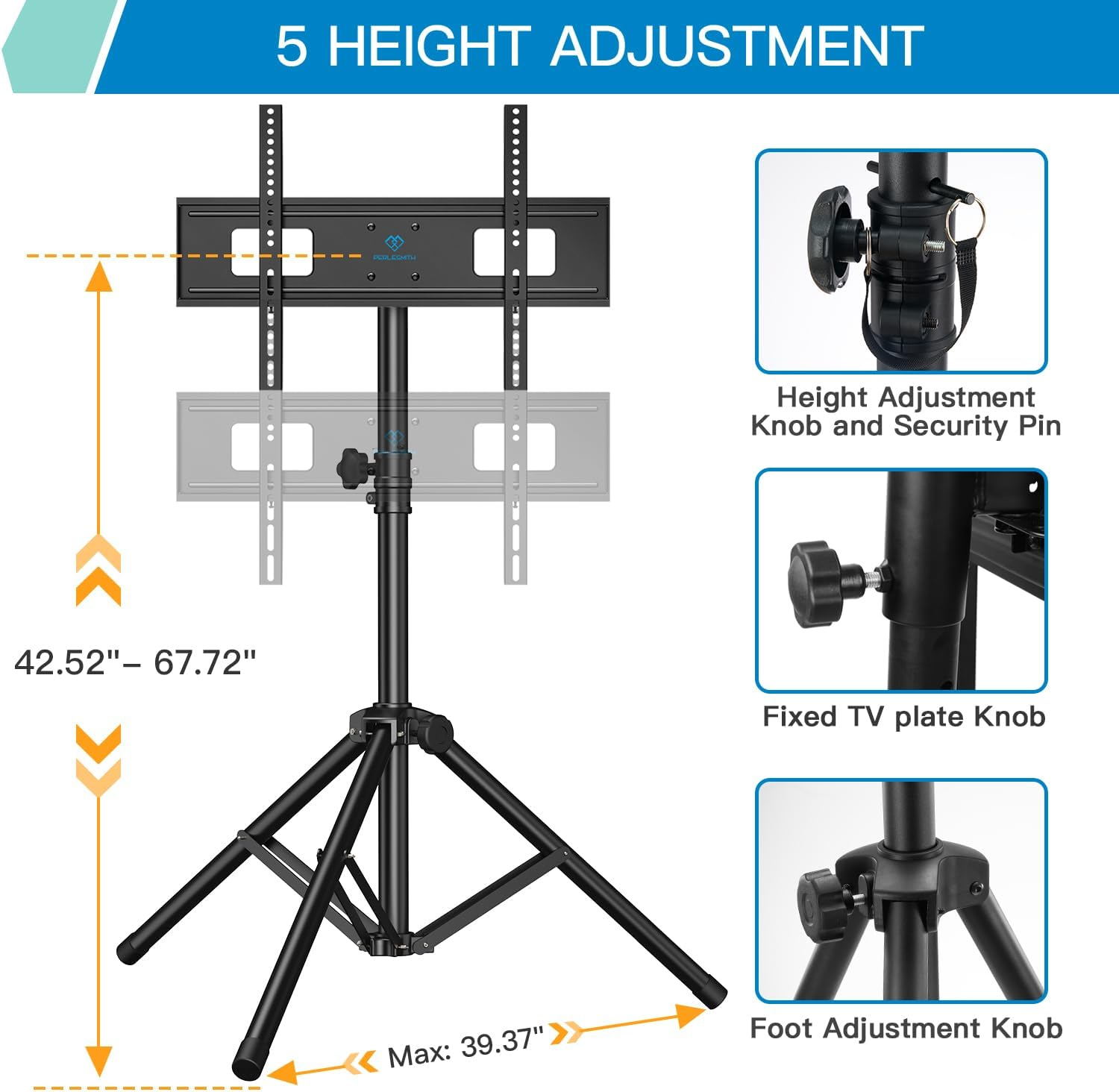 PERLESMITH Tripod TV Stand -Portable TV Stand for 37-85 Inch LED LCD OLED Flat Screen TVs-Height Adjustable Display Floor TV Stand with VESA 600x400mm, Holds up to 110lbs PSTM2
