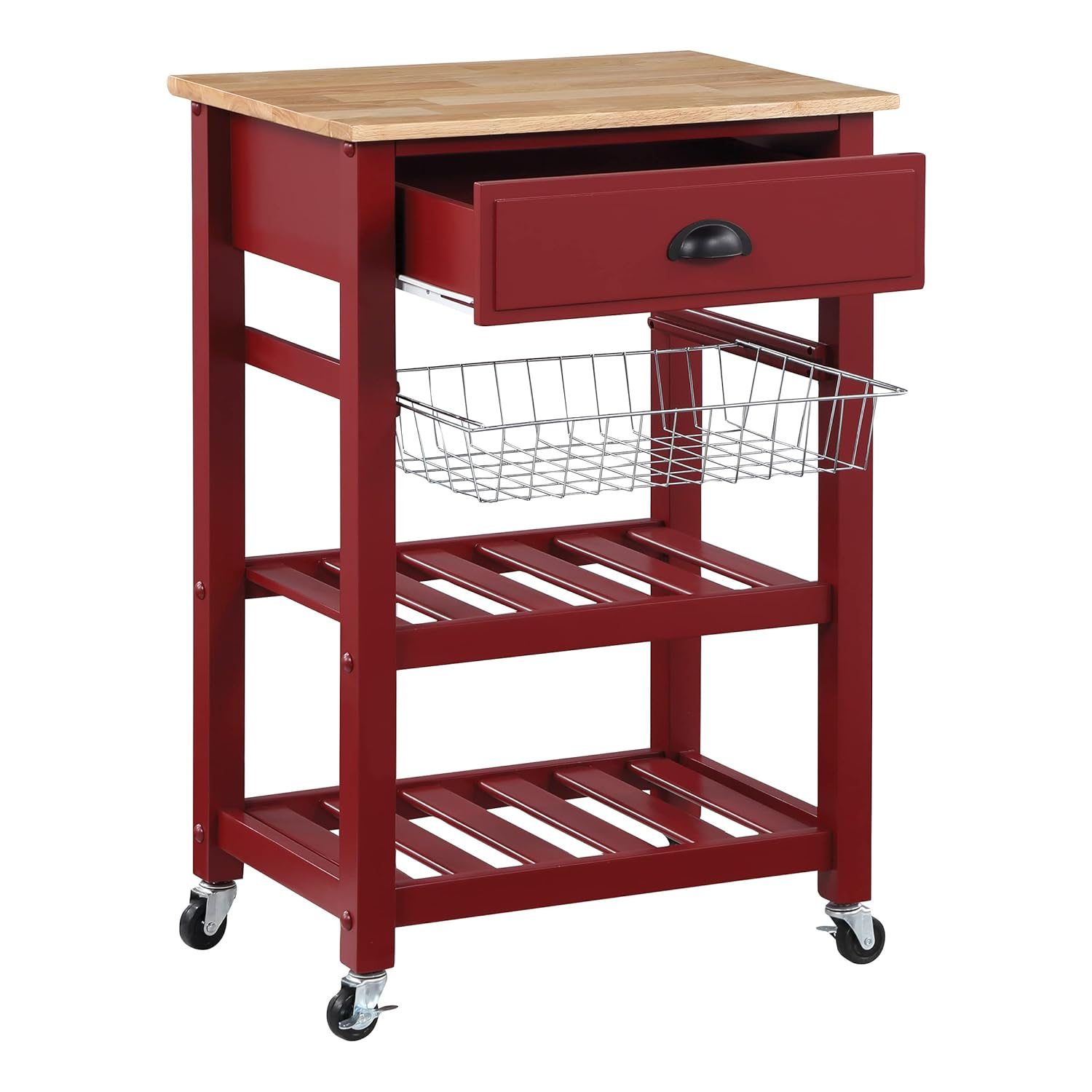 Hampton Engineered Wood Kitchen Cart With Wood Top and Red Base