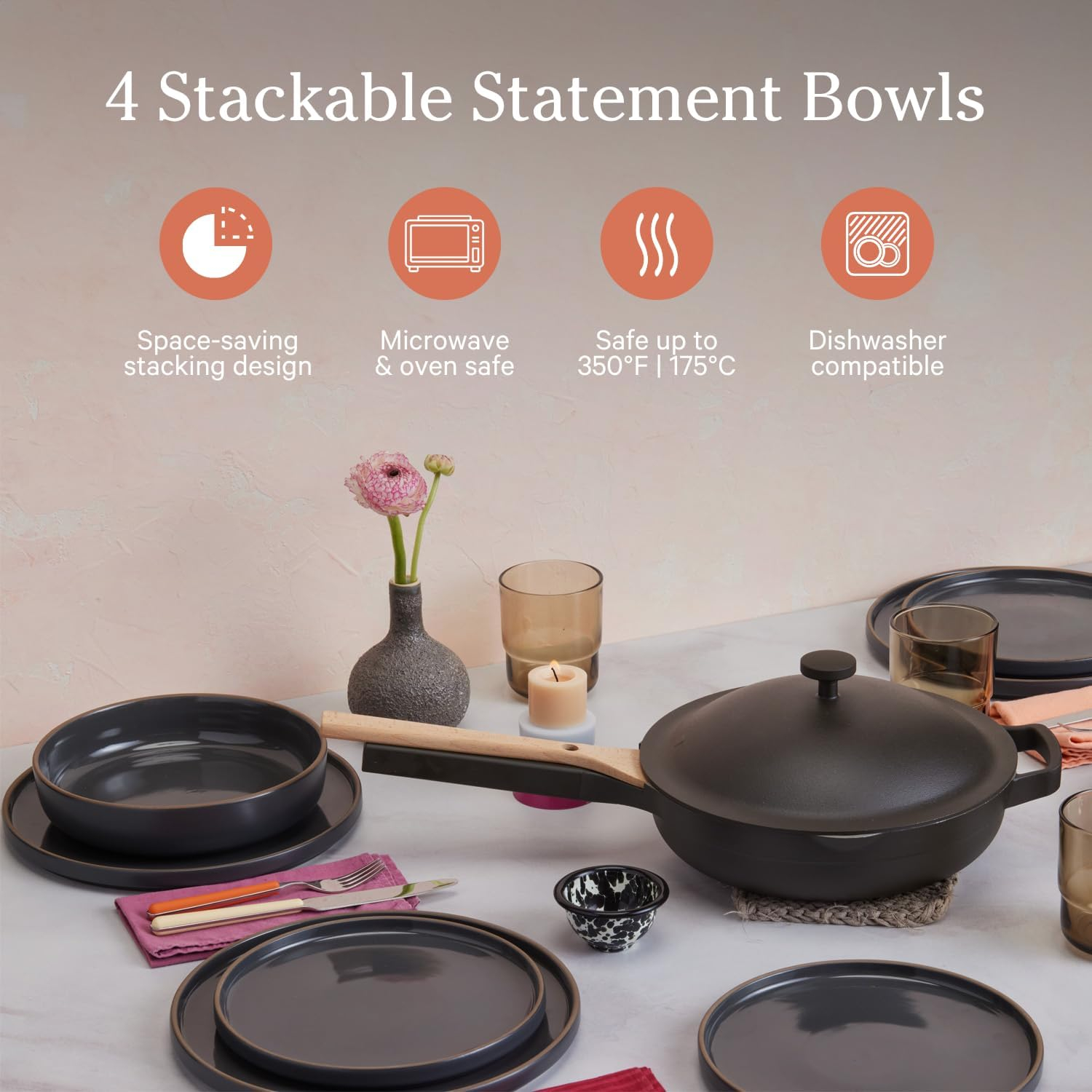 Our Place Dinner Bowls - Set of Four 8.5" Handcrafted Ceramic Pasta Bowls | Deep Plate Bowl Hybrid for Salads, Rice & More | Chip-Resistant, Restaurant-Grade, Stackable, Modular Design | Spice