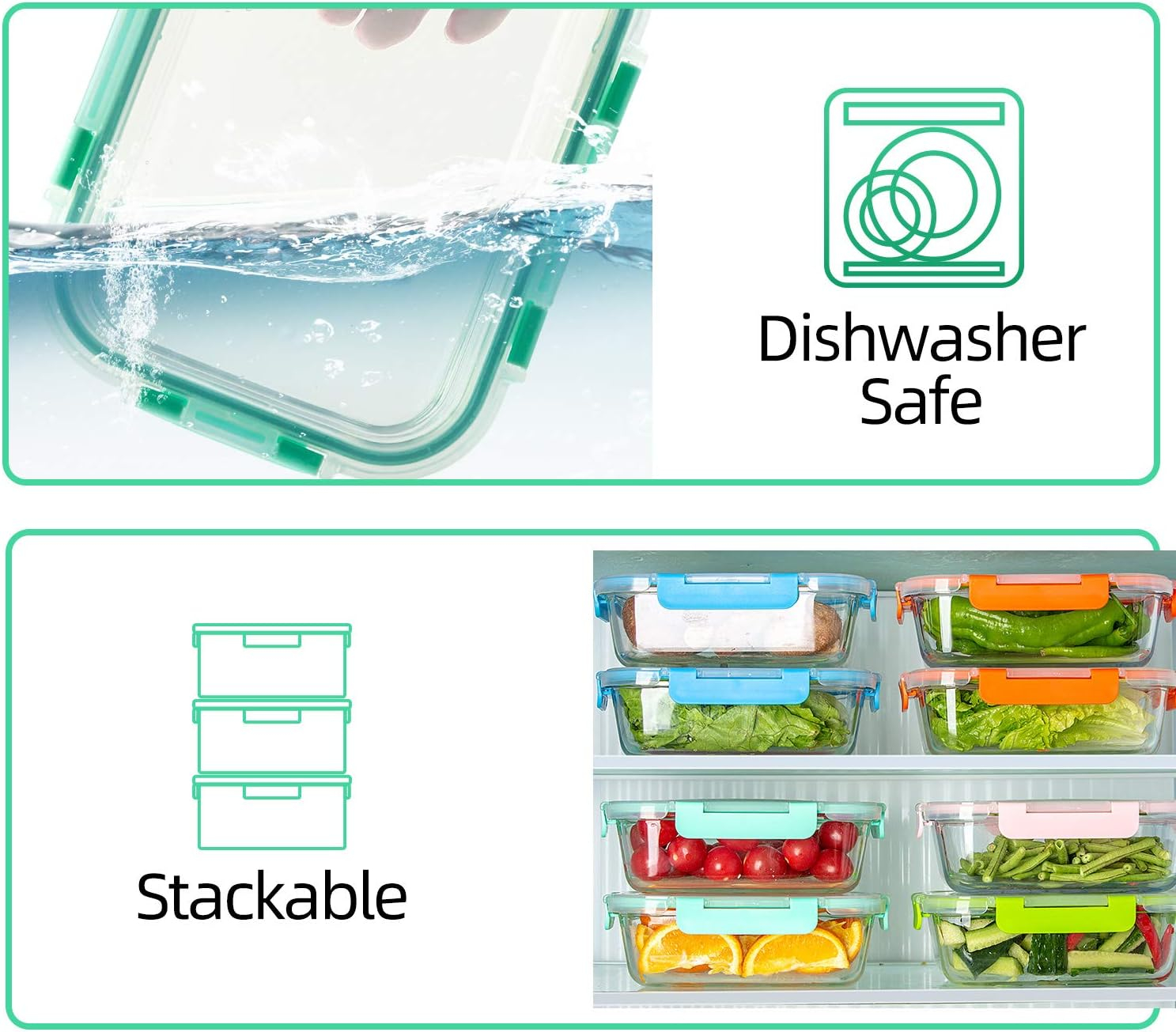 C CREST [10-Pack Glass Food Storage Containers (A Set of Five Colors), Meal Prep Containers with Lids for Kitchen, Home Use - Airtight Glass Lunch Boxes